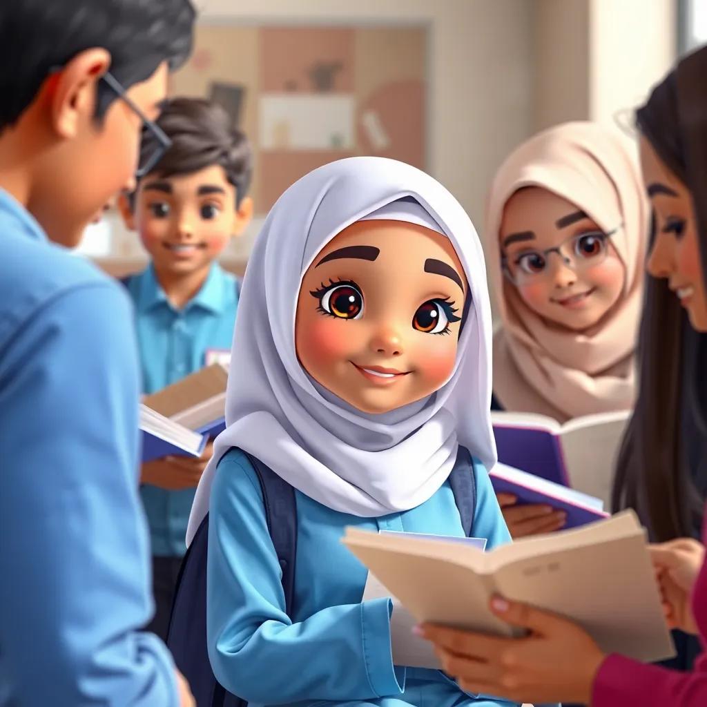 Sarah, a young Arabic girl in a sky blue school uniform and a white hijab, surrounded by friends studying books and sharing notes, friendly environment, soft colors, close-up, high quality