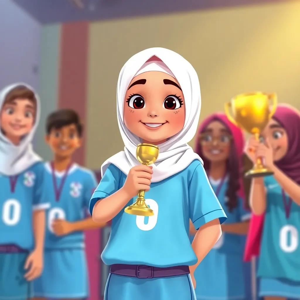 A young Arabic girl, Sarah, in a sky blue uniform and white hijab, standing proudly holding a trophy, with her friends cheering, bright celebration atmosphere, illustration, joyful colors, high quality