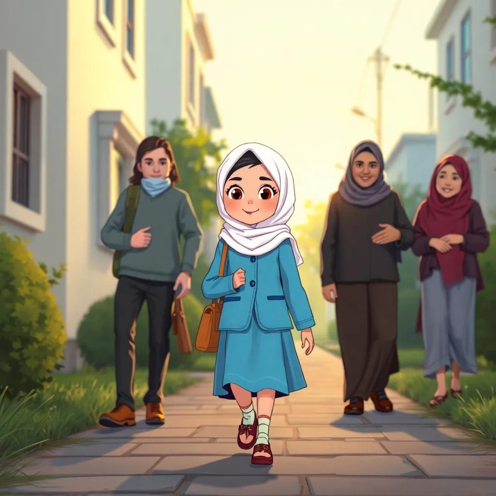 Sarah, a young Arabic girl in her sky blue school uniform and white hijab, walking home with proud parents, warm evening light, heartwarming moment, illustration, detailed, high quality