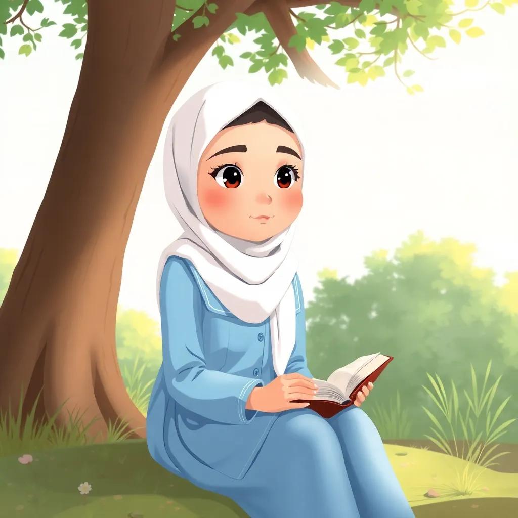 A young Arabic girl, Sarah, in a sky blue school uniform with a white hijab, sitting under a tree with a book, looking thoughtful, peaceful surroundings, illustration, soft colors, reflective mood, high quality