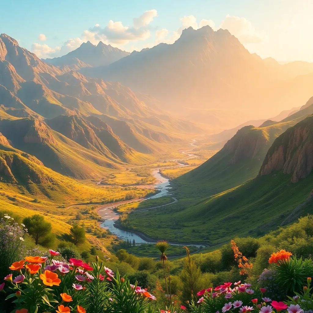 A beautiful landscape of Al-Hamra, with majestic mountains and flowing valleys, showcasing the lush greenery and vibrant flowers, digital art, warm colors, stunning atmosphere, high quality