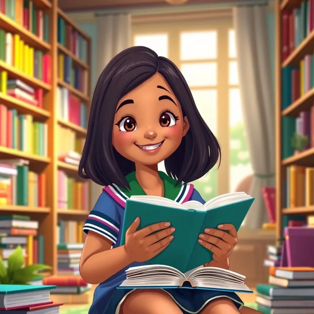 A happy young girl, Sara, with dark hair and brown skin, wearing a colorful school uniform, reading books in a cozy home library filled with books, cheerful, bright light, inviting ambience, high quality