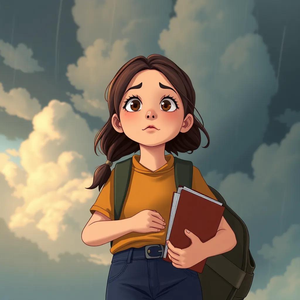 A determined young girl, Sara, standing in a stormy weather with school books, looking hopeful, clouds behind her, illustrated style, dramatic lighting, high quality