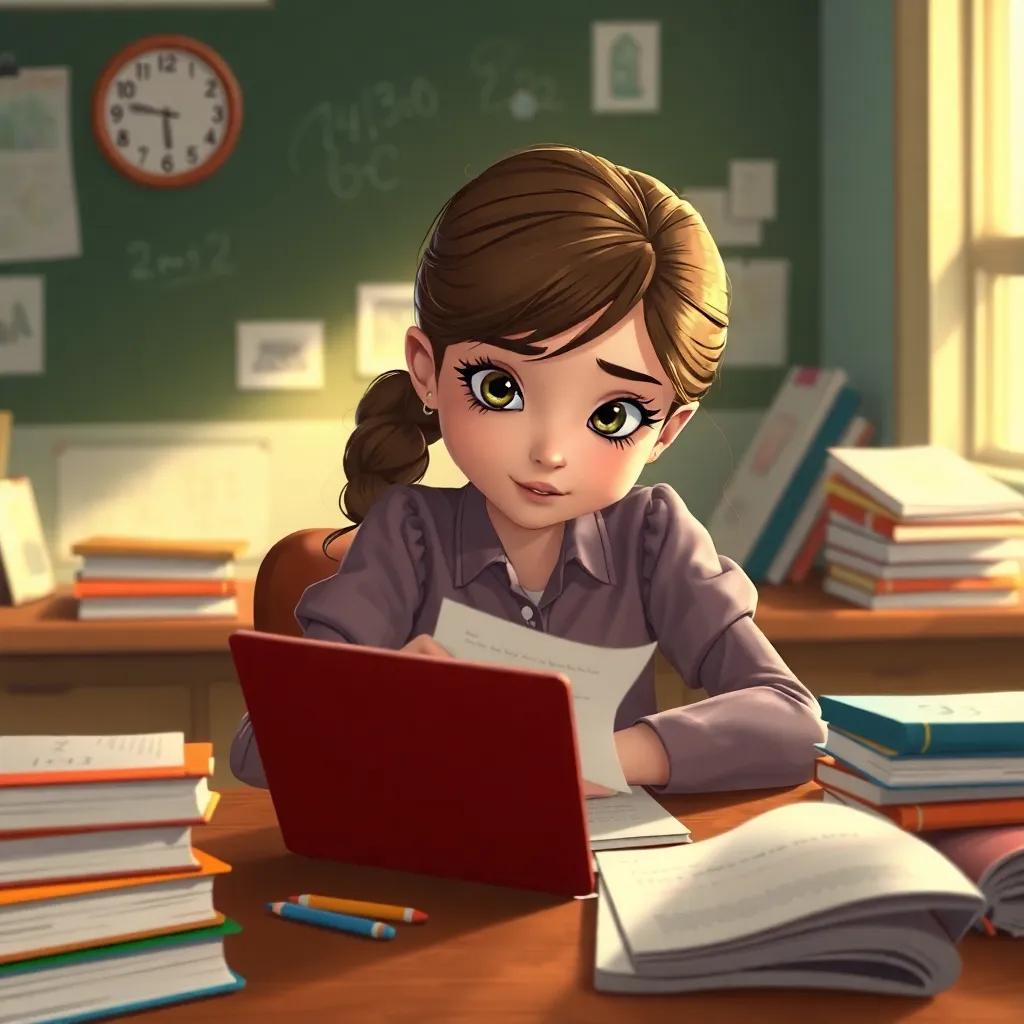 A focused young girl, Sara, sitting at a desk solving math problems, surrounded by books and notes, showing concentration and dedication, detailed illustration, warm lighting, high quality