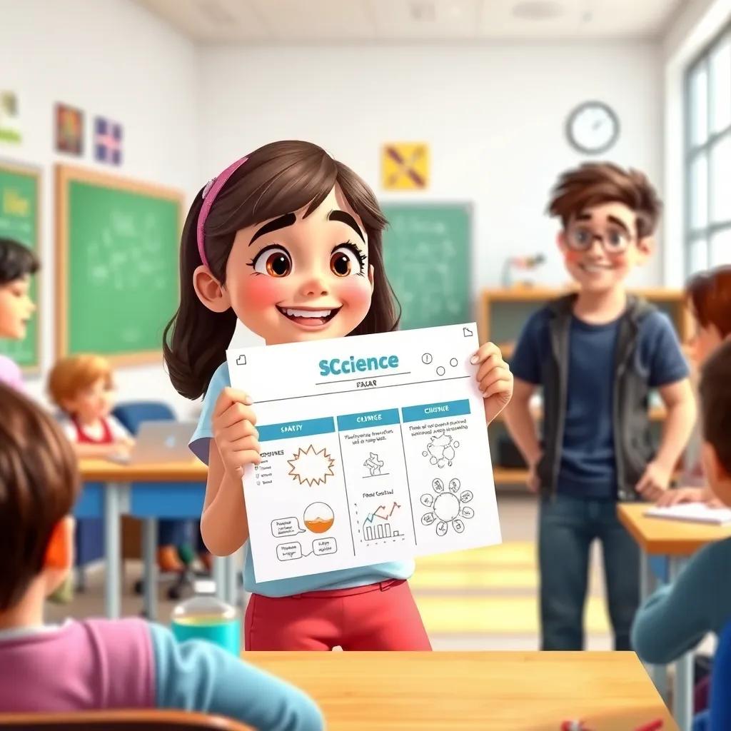 A young girl, Sara, excitedly holding a poster for a science competition, surrounded by friends discussing ideas, cheerful classroom atmosphere, bright colors, high quality