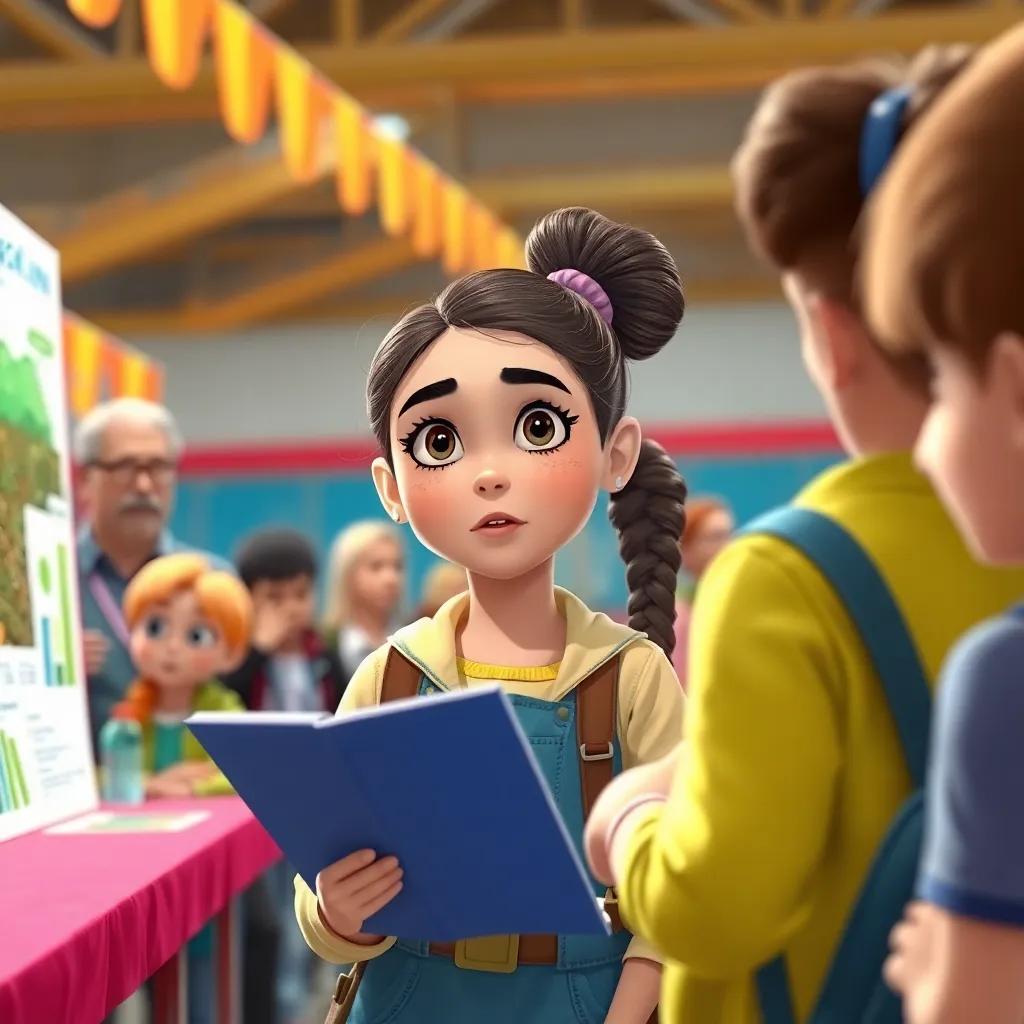 A determined young girl, Sara, presenting her research on the environment at a science fair, with judges and peers listening attentively, vibrant fair setting, bright colors, high quality