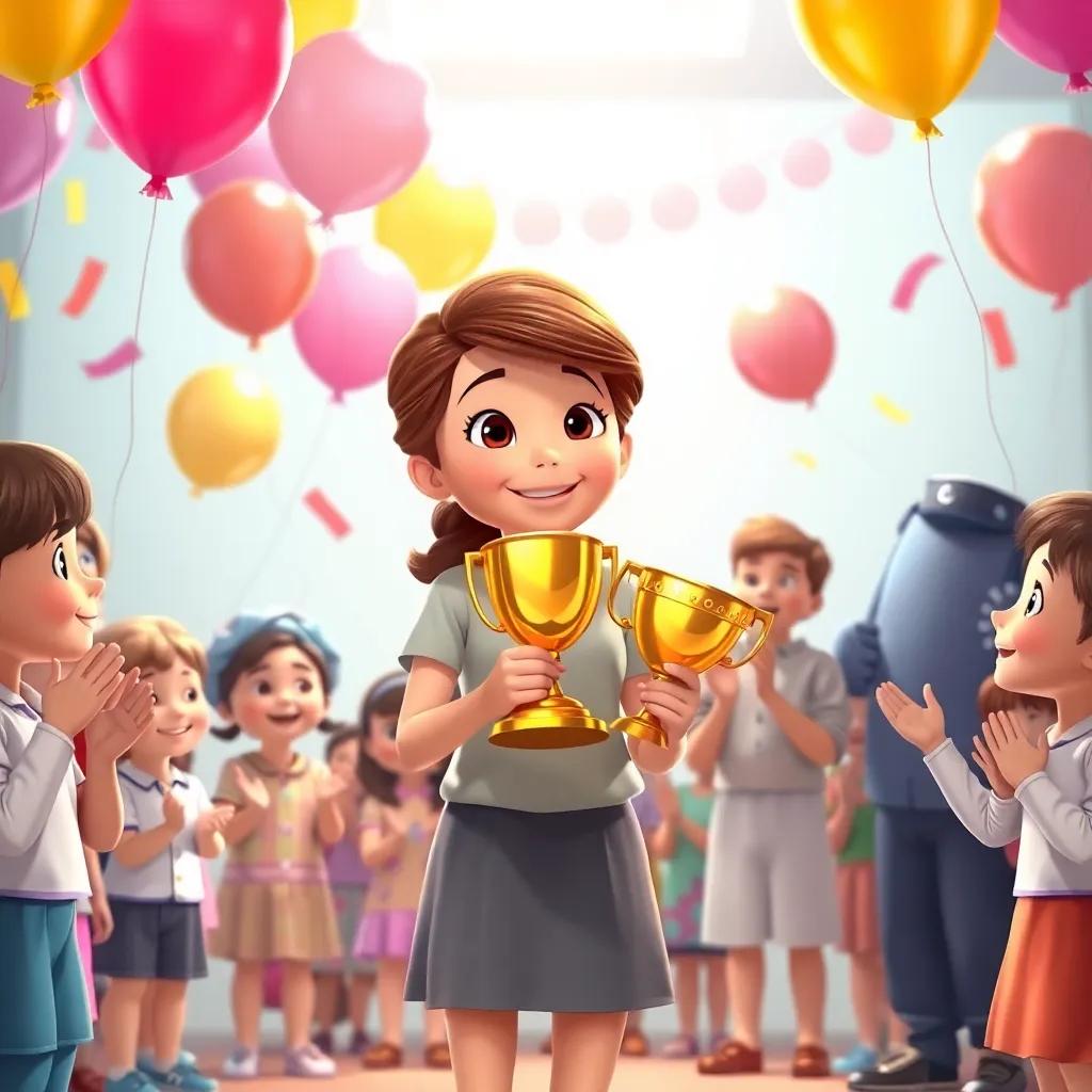 A celebration scene with Sara receiving a trophy, clapping classmates and teachers all around her, brightly decorated with balloons, joyful atmosphere, high quality
