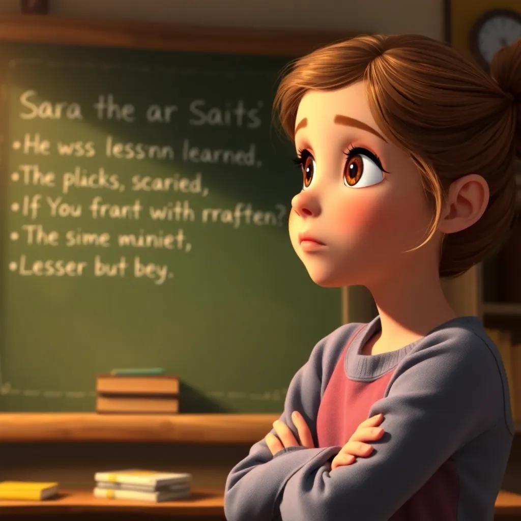 A thoughtful young girl, Sara, reflecting on lessons learned, with a chalkboard featuring her notes in the background, warm lighting, contemplative mood, high quality