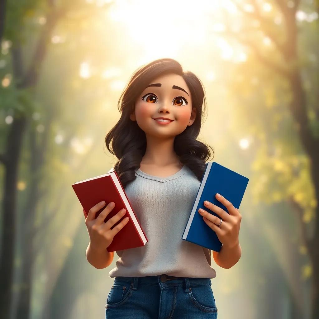 An inspiring image of Sara, standing confidently with books in her hands, symbolizing determination and growth, soft sunlight through the trees, uplifting atmosphere, high quality