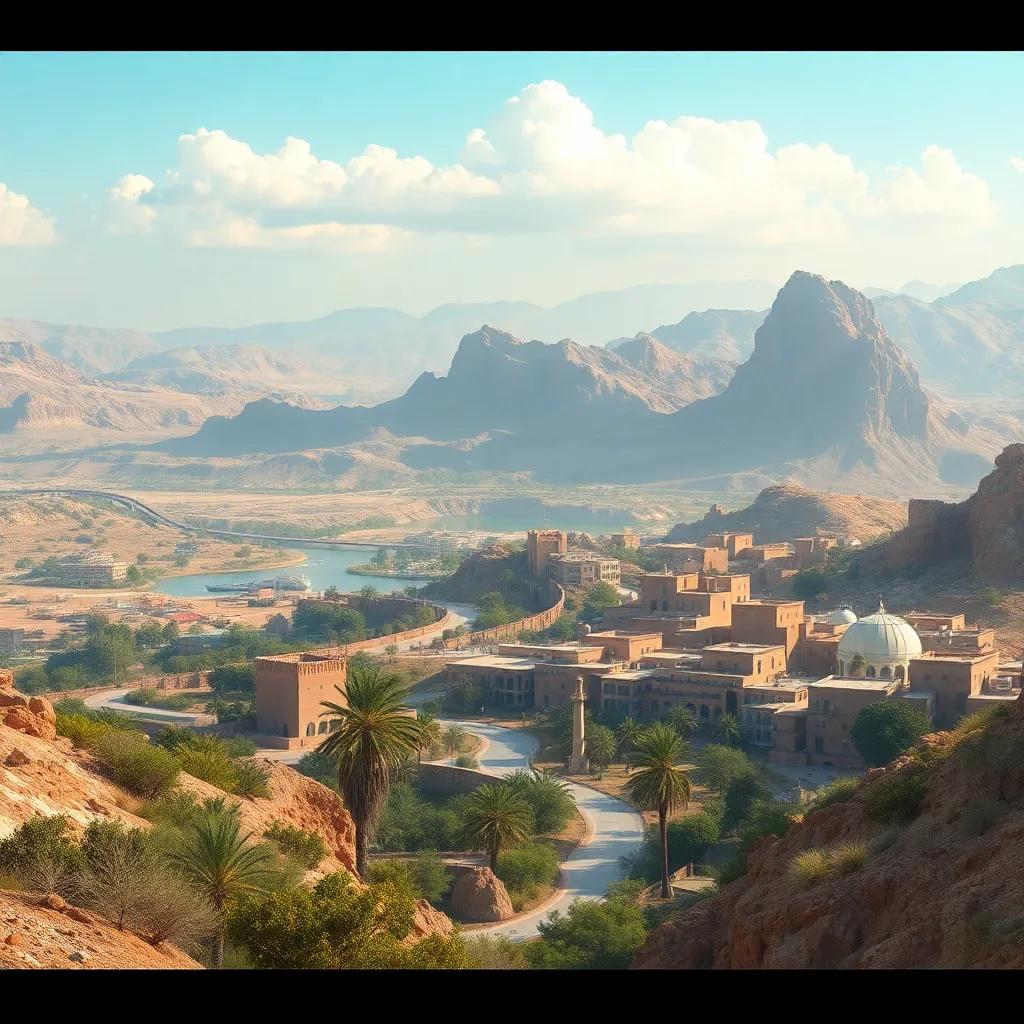 A picturesque view of Al-Hamra, with its unique natural environment, with subtle indicators of pollution, reflecting the theme of environmental preservation, serene colors, high quality