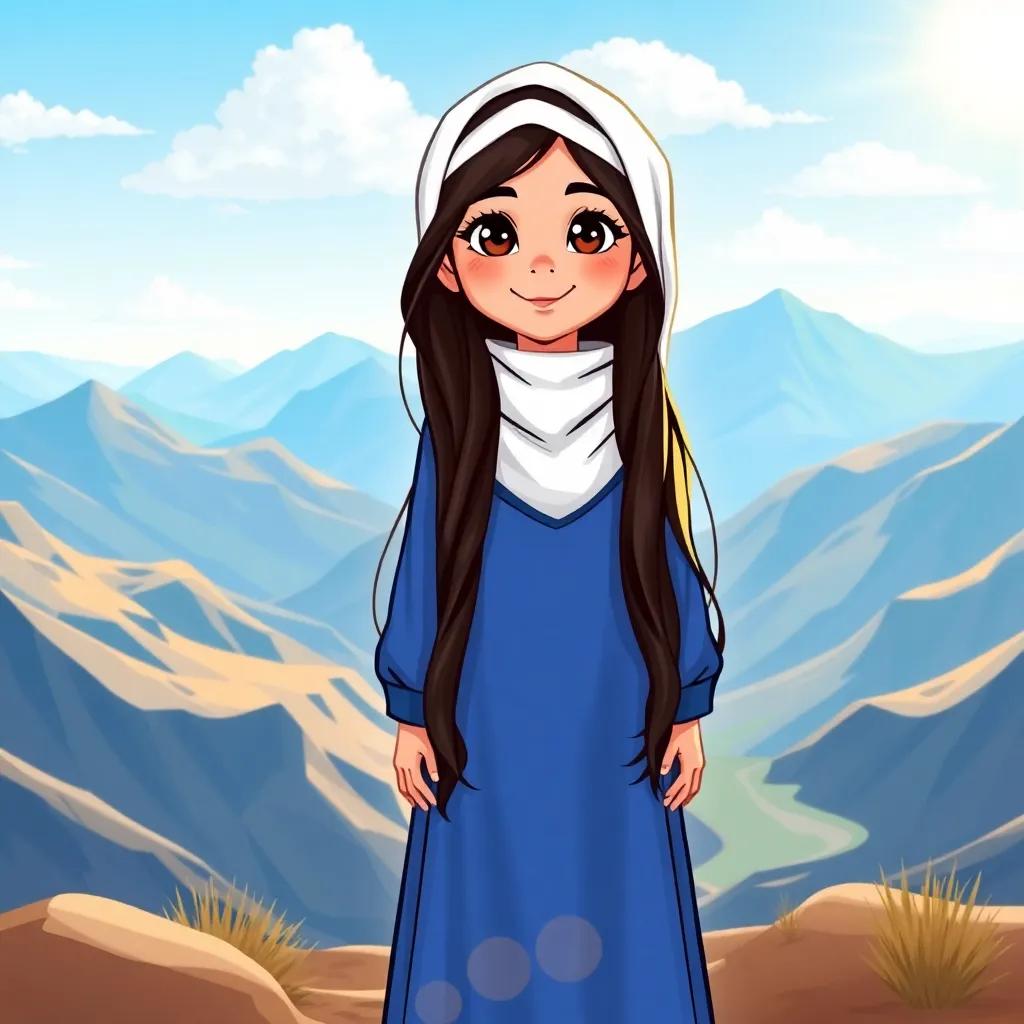 A young Arab girl, Sara bent Ahmad Al-Abri, with long dark hair wearing a stylish blue abaya and a white hijab, standing in a beautiful mountainous landscape with flowing valleys, vibrant colors, bright sunlight, cheerful atmosphere, high quality