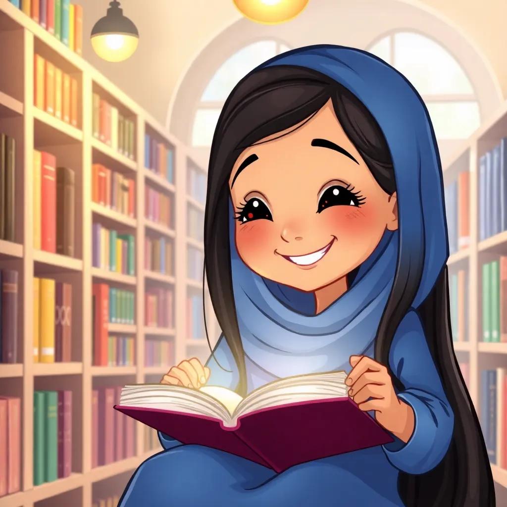 Sara, a young Arab girl, with long dark hair wearing a blue abaya, joyfully studying her books in a cozy library filled with colorful shelves, engaging and warm light, inviting environment, detailed illustration, high quality