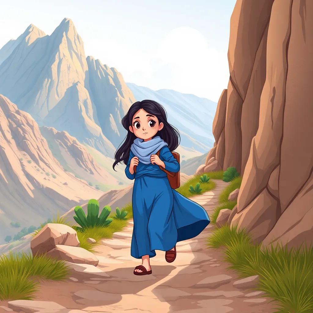 A rugged mountainous path in the background, where Sara, a young Arab girl, with long dark hair in a blue abaya, is hiking determinedly toward school, dynamic pose, bright day, detailed landscape, high quality