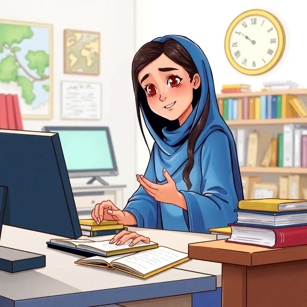 Sara, a young Arab girl, with long dark hair dressed in a blue abaya, passionately researching environmental topics at her desk punctuated by books and a computer, engaging and bright room, high quality