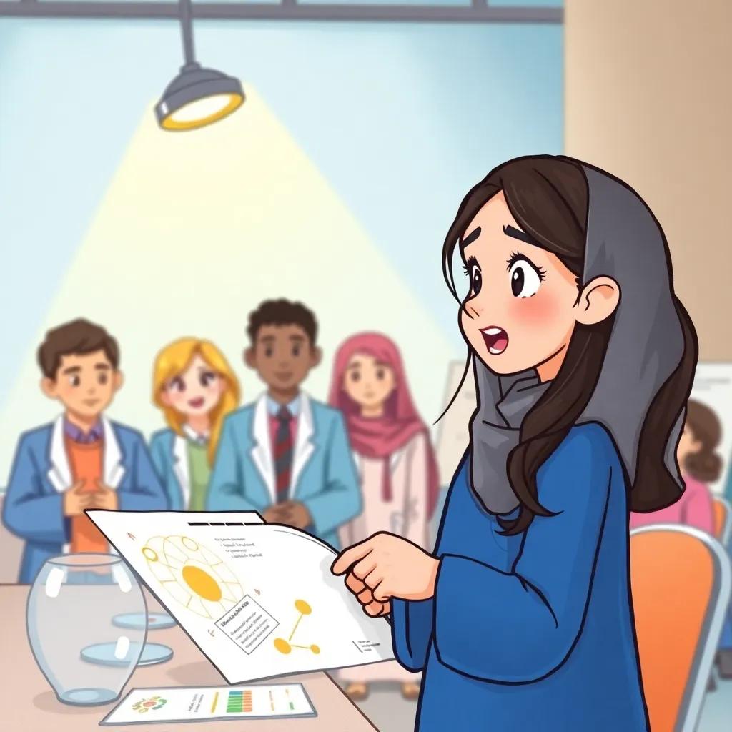 Sara, a young Arab girl, with long dark hair in a blue abaya, excitedly examining her information in front of the judges at the science fair, spotlight highlighting her determination, high quality