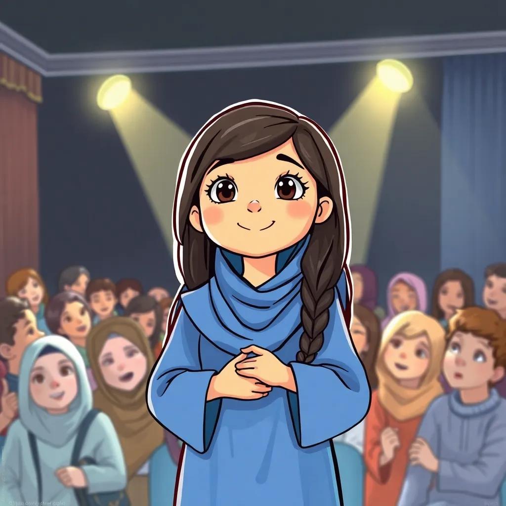 Sara, a young Arab girl, with long dark hair in a blue abaya, presenting her environmental project confidently to the crowd, enthusiasm radiating from her, bright stage lights, high quality