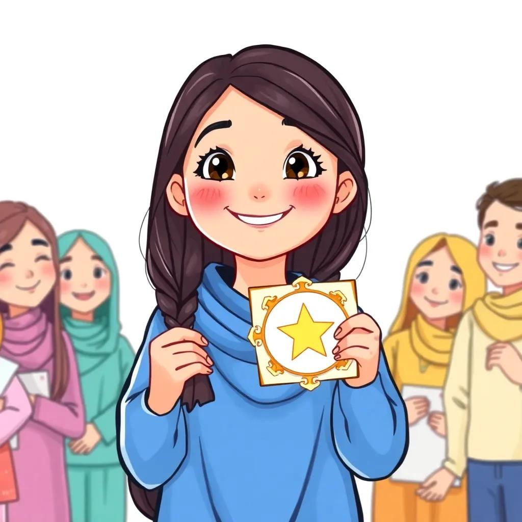 Sara, a young Arab girl, with long dark hair in a blue abaya, receiving her award for the science competition, smiling with pride surrounded by friends and teachers, joyful atmosphere, high quality