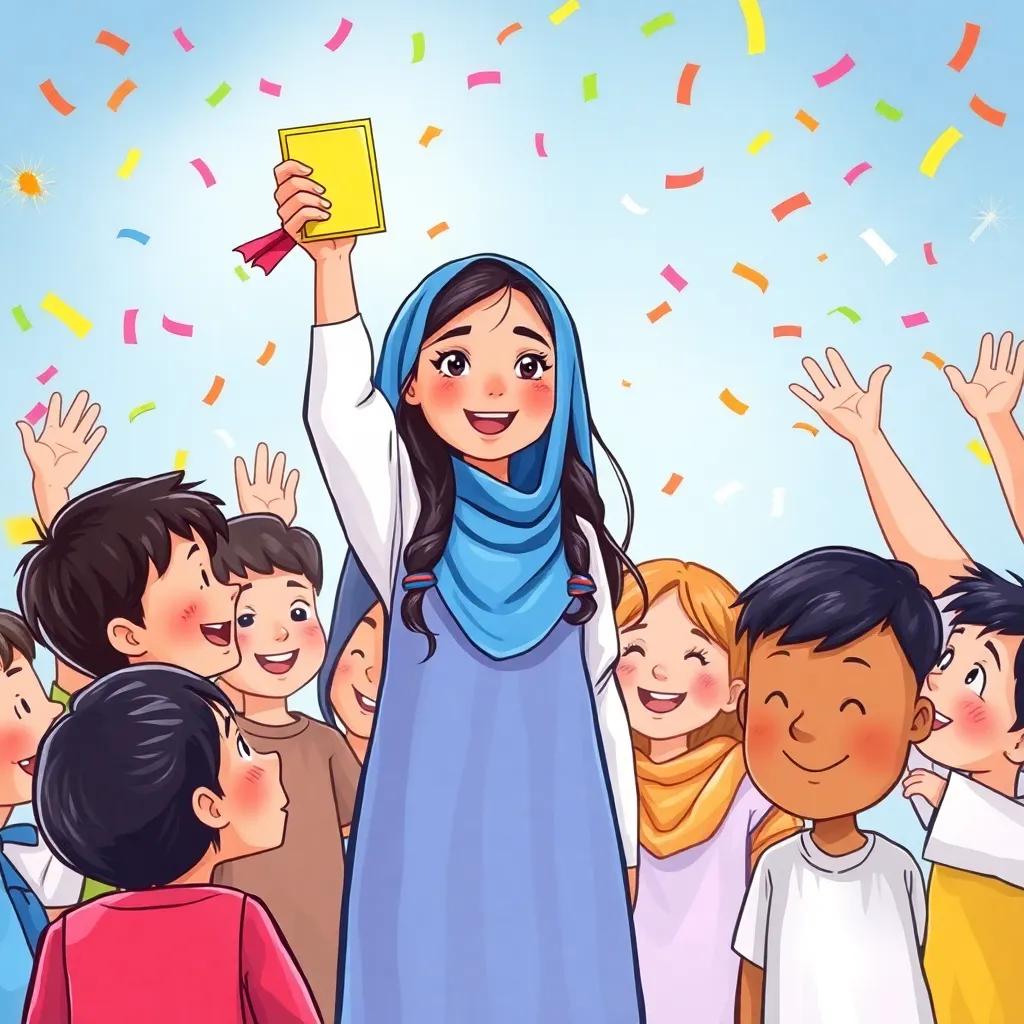 A proud moment of Sara, a young Arab girl with long dark hair in a blue abaya, holding her award high, surrounded by classmates celebrating, colorful confetti falling, vibrant energy, high quality