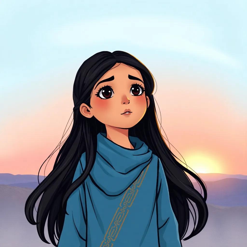 Sara, a young Arab girl with long dark hair in a blue abaya, with a determined expression, looking towards the horizon as a metaphor for her future limitless potential, dawn light, hopeful atmosphere, high quality