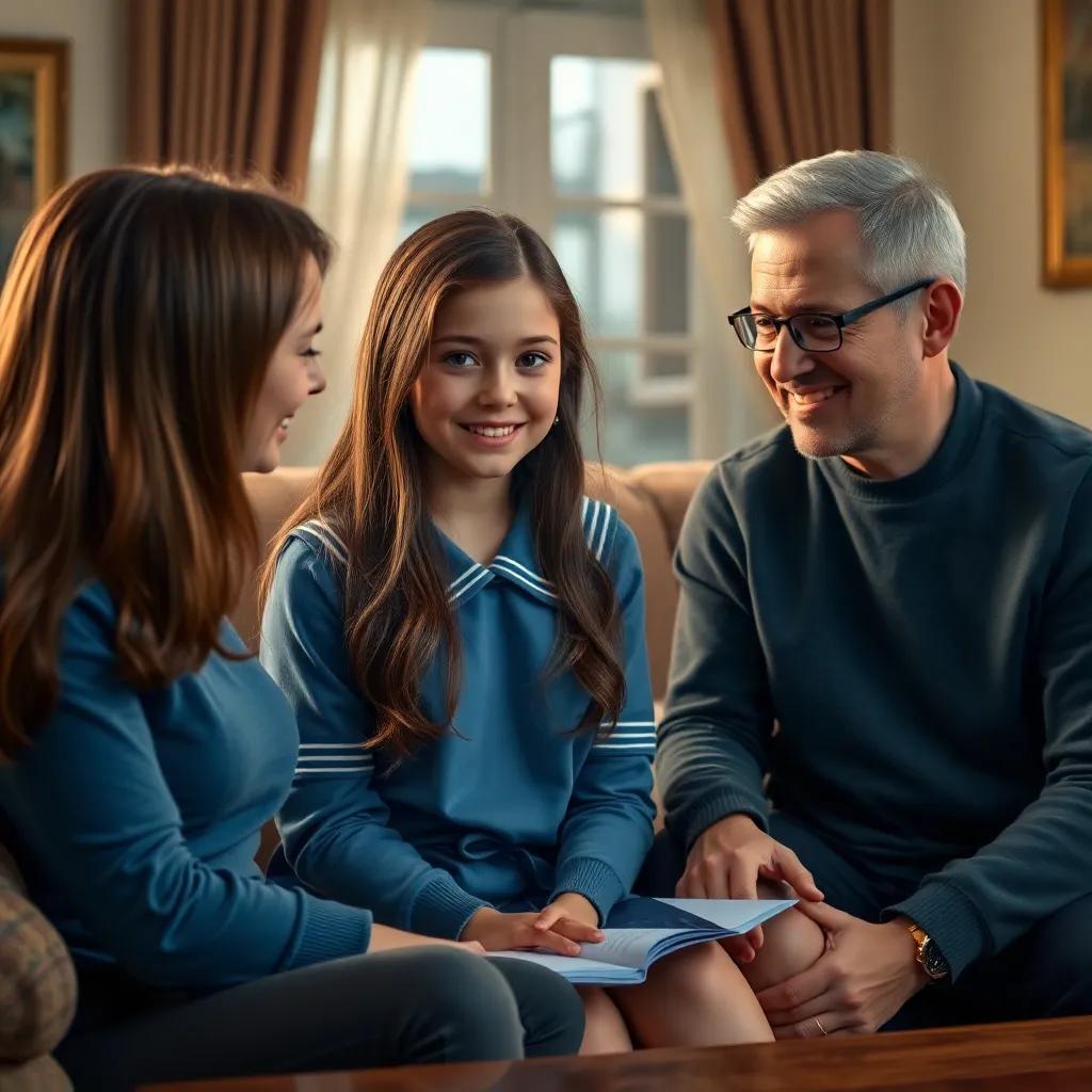 Sara, a young girl with long brown hair wearing a blue school uniform, sitting at home with her parents, discussing her project on artificial intelligence, cozy living room, friendly expressions, warm evening light, happy family moment, high quality