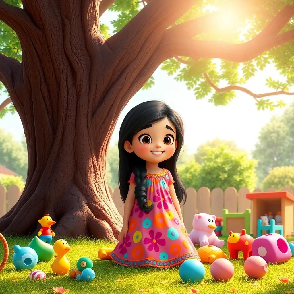 A cute young Arab girl, Sara, with long, dark hair wearing a colorful dress, playing under a big tree with colorful toys around her, bright sunny day, cheerful atmosphere, digital art, vibrant colors, friendly vibe, high quality
