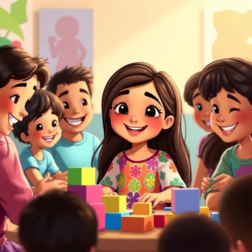 A joyful scene with Sara, a young Arab girl with long, dark hair in a colorful dress, surrounded by her friends, all smiling and playing with blocks and colorful paintings, warm light, playful and fun, illustration, child-friendly, high quality