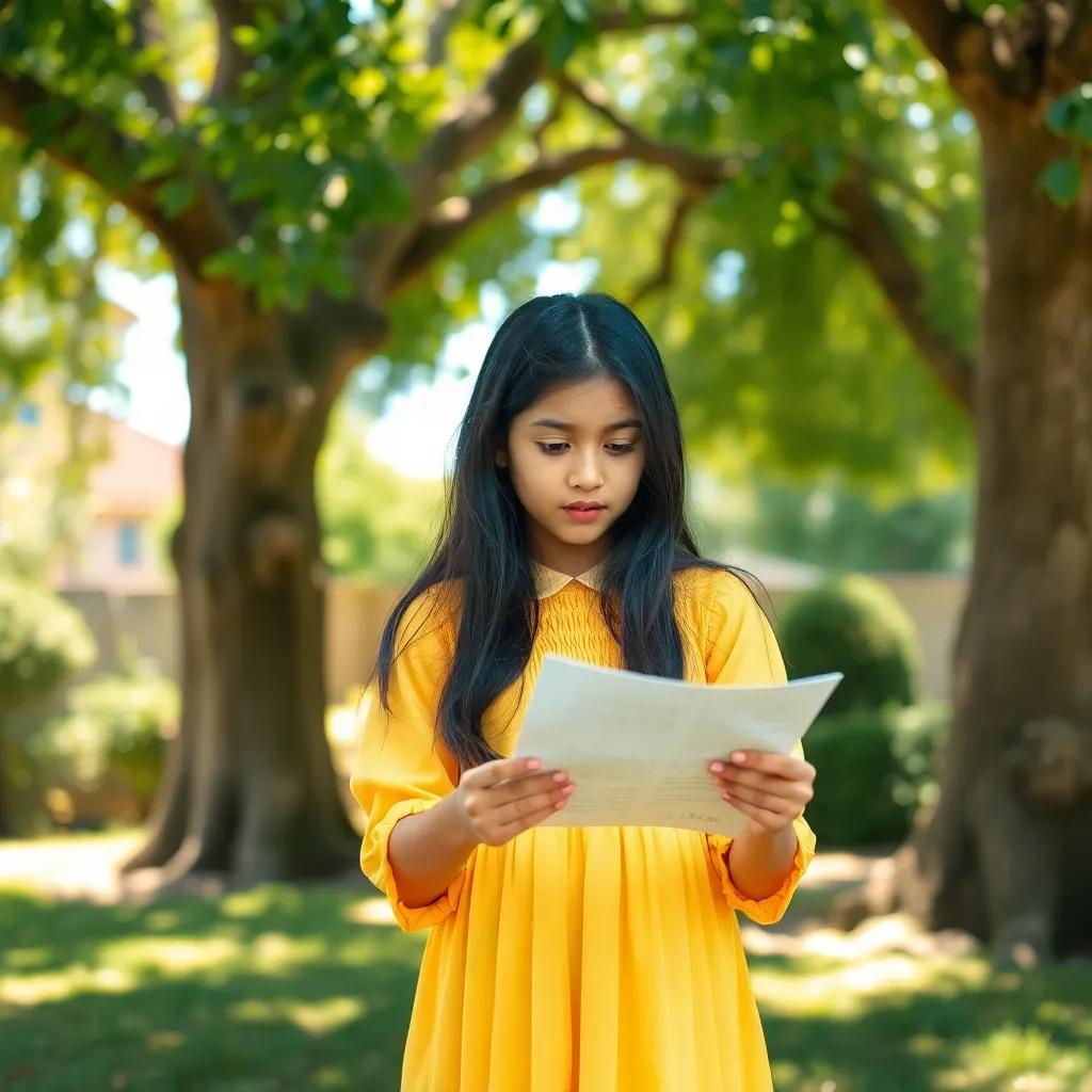 A young Arab girl, Sara, with long black hair, wearing a yellow dress, reading a scary letter under a big tree in her garden, bright sunlight shining, cheerful atmosphere, high quality
