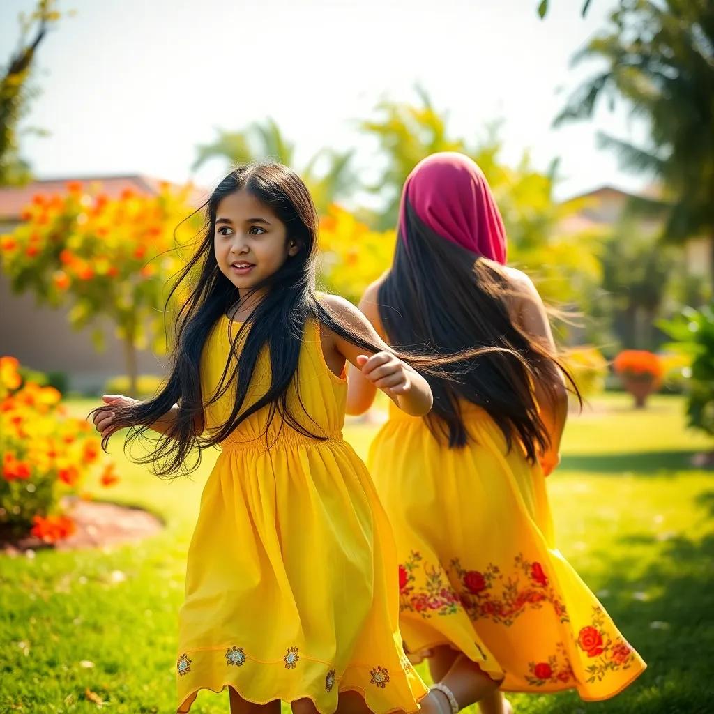 Sara, a young Arab girl with long black hair in a yellow dress, running with her friend Leila in a sunny garden, looking back with fear, vibrant colors, playful energy, high quality