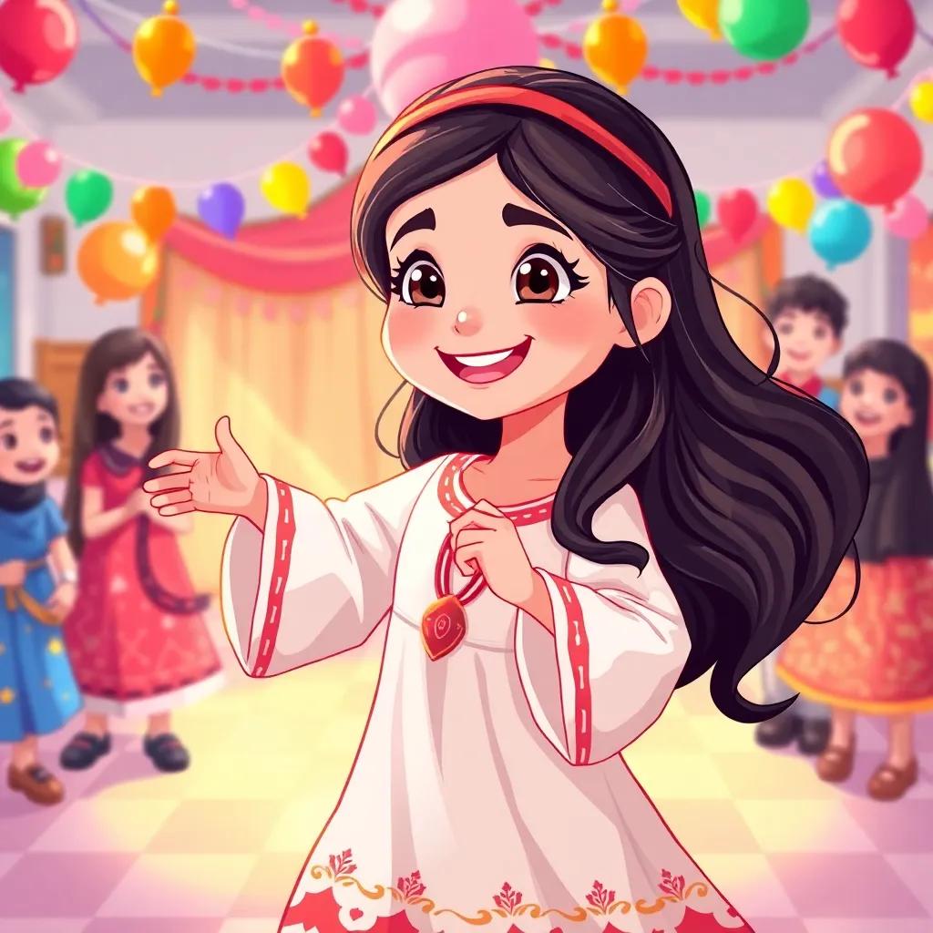 A young Arab girl, سارة, with long, dark hair, wearing a beautiful Saudi national dress, happily dancing at a school party, surrounded by colorful decorations and smiles, digital art, vibrant, joyful atmosphere, high quality