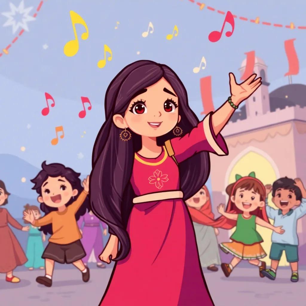 سارة, a young Arab girl with long, dark hair in a beautiful Saudi national dress, calling her friends to join her dance, with music notes and happy children around, cheerful, festive scene, dynamic perspective, child-friendly