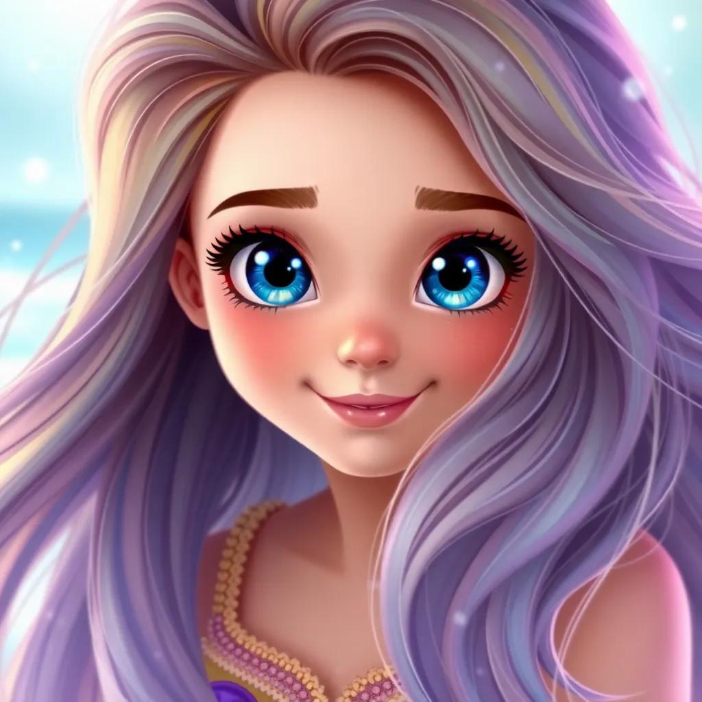A beautiful young girl, Sara, with shiny blue eyes and long flowing hair like ocean waves, dreaming of being a powerful witch, vibrant colors, cheerful atmosphere, digital art, high quality