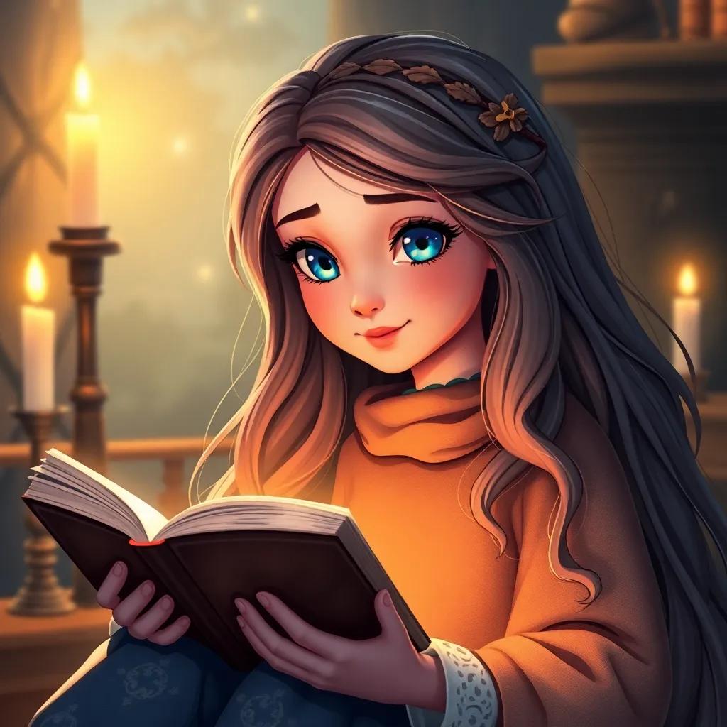 Sara, a beautiful young girl with shiny blue eyes and long flowing hair, reading ancient magical books by candlelight with a sparkle in her eyes, warm light, cozy, art illustration, child-friendly