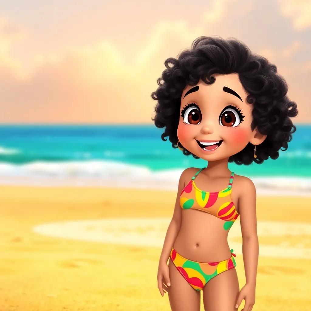 A young girl, Sara, with curly dark hair wearing a colorful swimsuit, standing on a sunny beach with golden sand, looking excited, digital art, bright colors, cheerful atmosphere, high quality