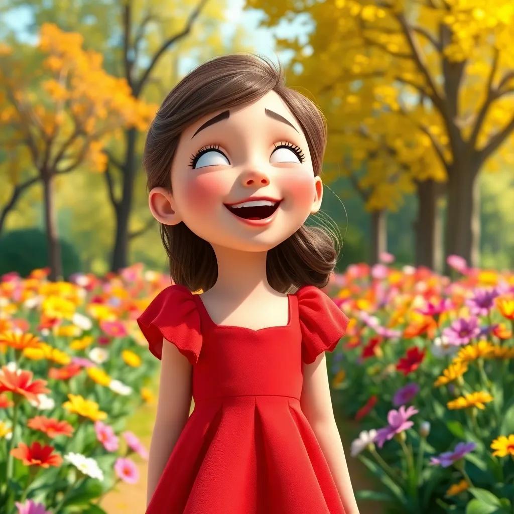 A young girl, Sara, with fair skin, wearing a lovely red dress, singing happily in a sunny park filled with colorful flowers, vibrant digital art, cheerful colors, inviting atmosphere, high quality