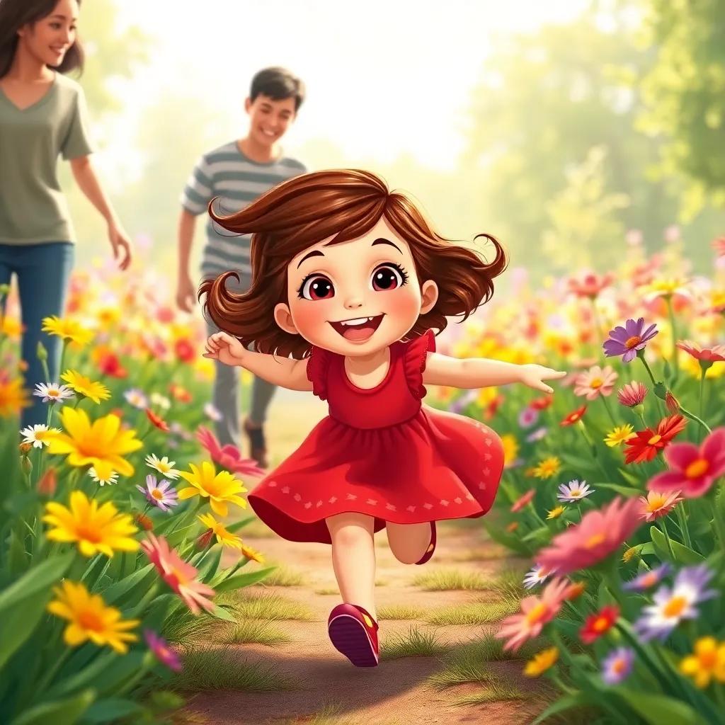Sara, a young girl with fair skin in a red dress, running joyfully among colorful flowers with her parents, greenery around and soft sunlight, illustration, joyful, family time, child-friendly