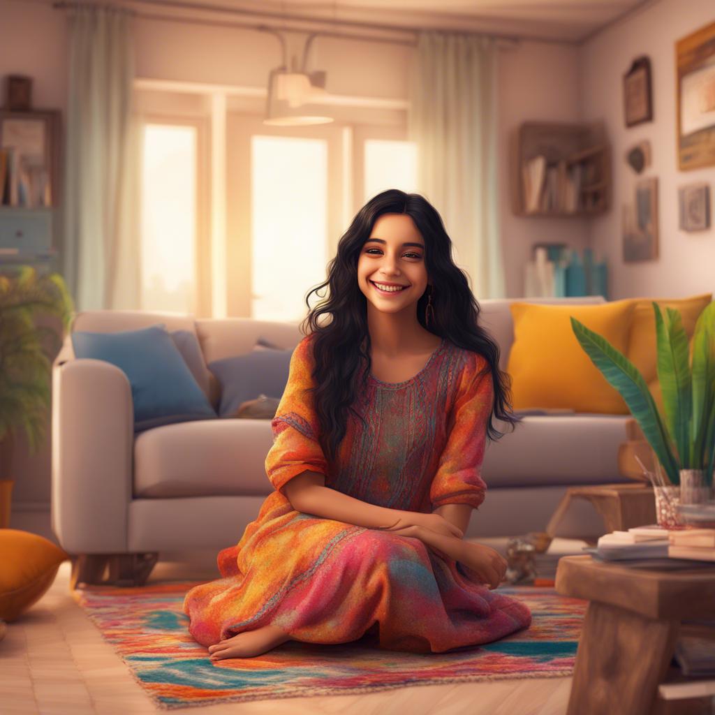 A cheerful young Arab girl, سارة, with long black hair wearing a colorful dress, in a bright and cozy living room, smiling while helping her family, digital art, warm colors, inviting atmosphere, high quality