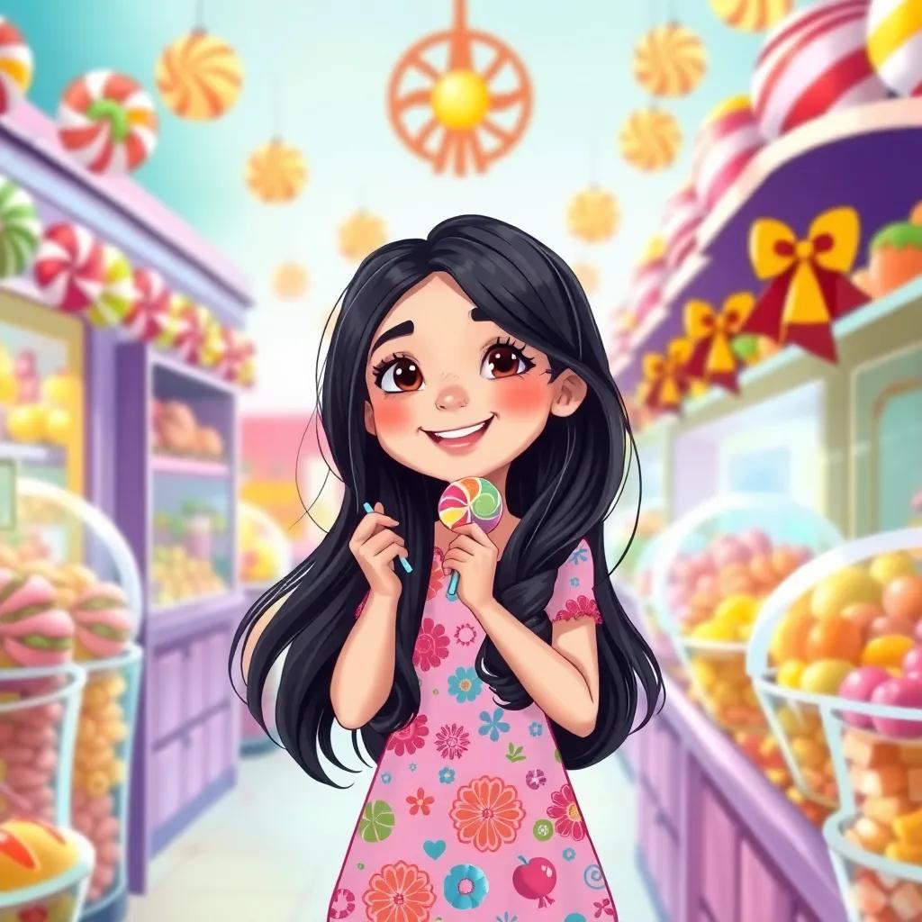 A young Arabic girl, Sara, with long black hair, wearing a colorful dress, happily eating a candy in a bright candy shop, colorful sweets all around, vibrant atmosphere, digital art, joyful, cheerful mood