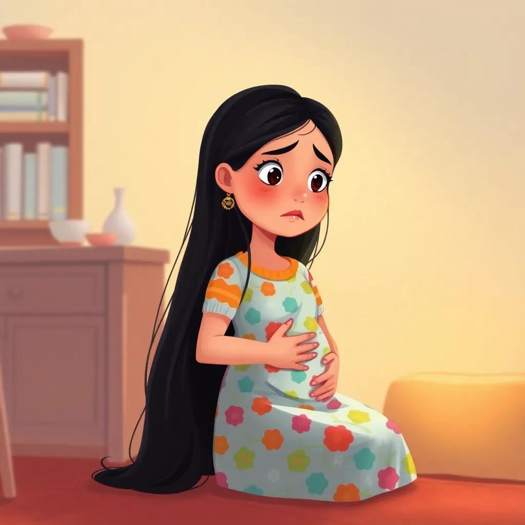 Sara, a young Arabic girl, with long black hair, wearing a colorful dress, holding her stomach and looking worried while sitting at home, warm lighting, cozy, illustrating concern, child-friendly