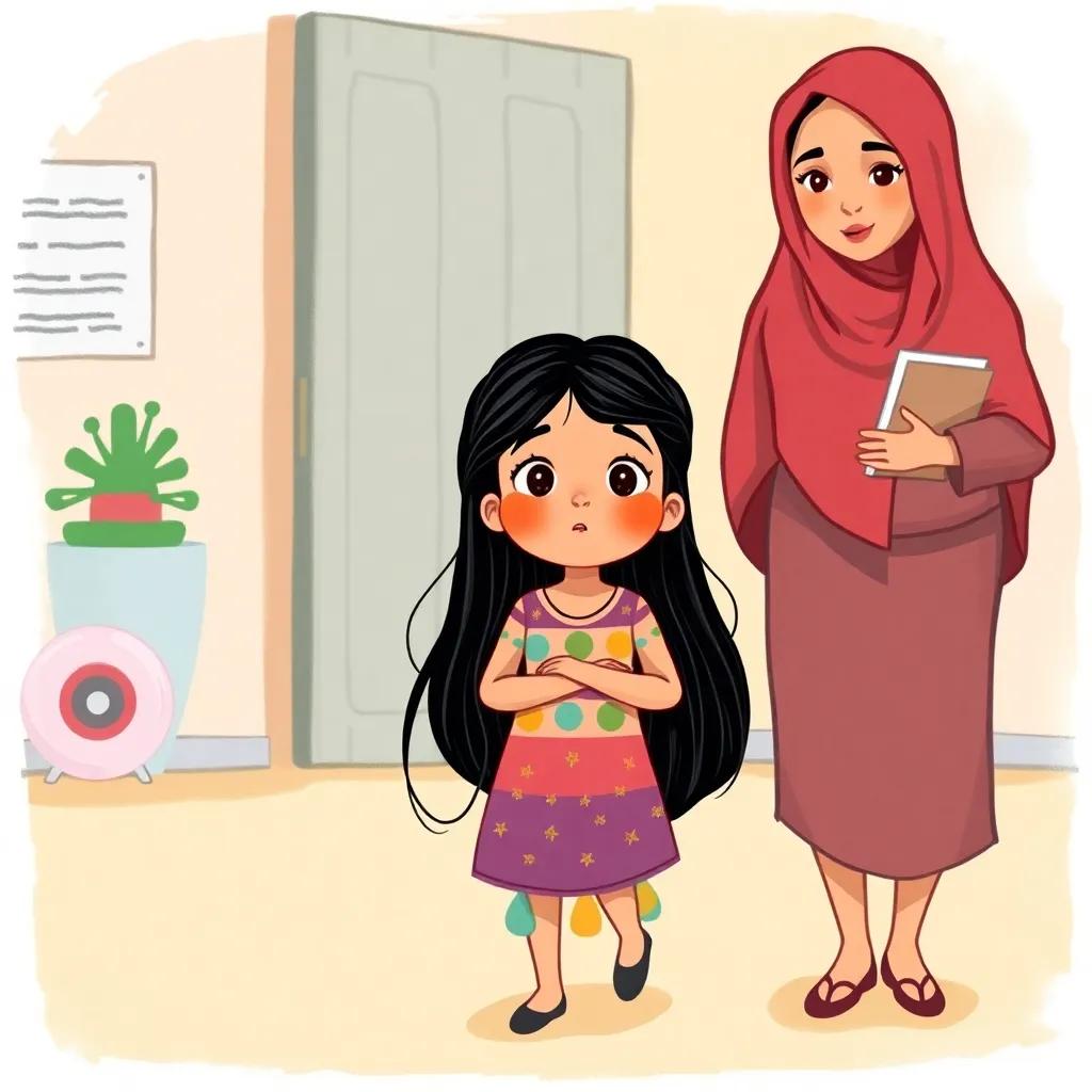 Sara, a young Arabic girl, with long black hair, wearing a colorful dress, walking with her mother to a doctor’s office, nervous yet hopeful, playful background, illustration, warm colors, friendly atmosphere