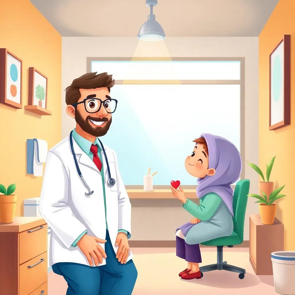 An inviting doctor’s office with friendly atmosphere, featuring a caring doctor, a middle-aged Arab man with glasses and a kind smile, examining Sara, warm colors, safe environment, illustration