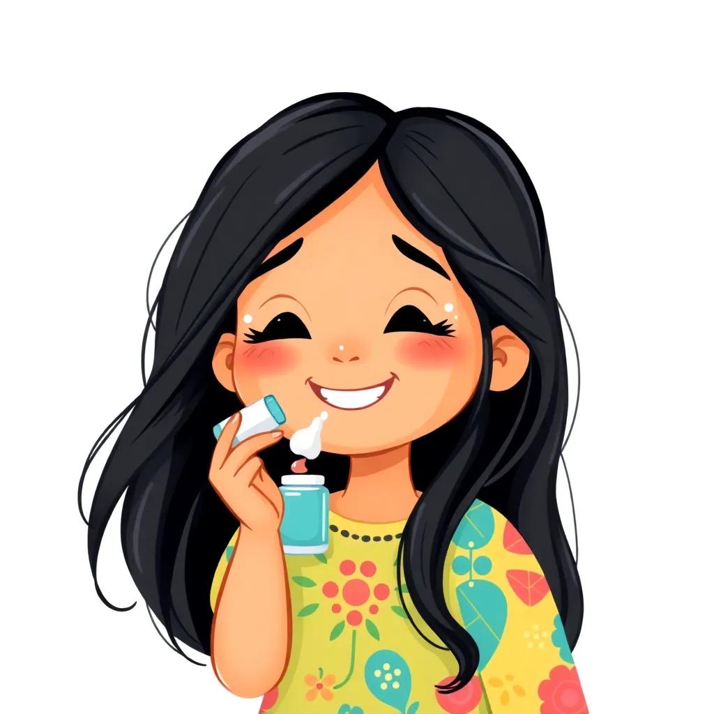Sara, a young Arabic girl, with long black hair, wearing a colorful dress, taking medicine and smiling, feeling better, bright background, calming, cheerful atmosphere, highlighting recovery