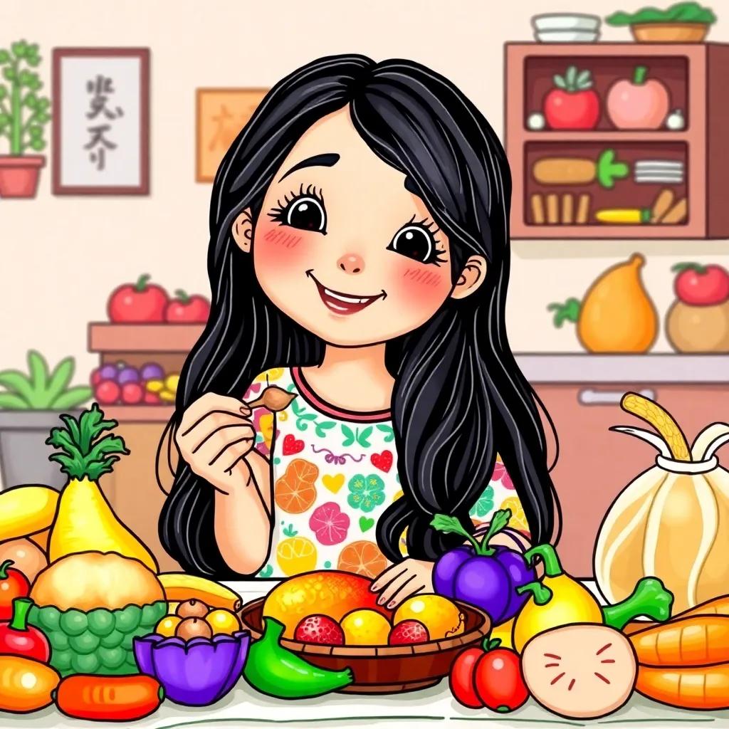 Sara, a young Arabic girl, with long black hair, wearing a colorful dress, happily eating fruits and vegetables at home, surrounded by a rainbow of healthy food, bright and colorful, uplifting image