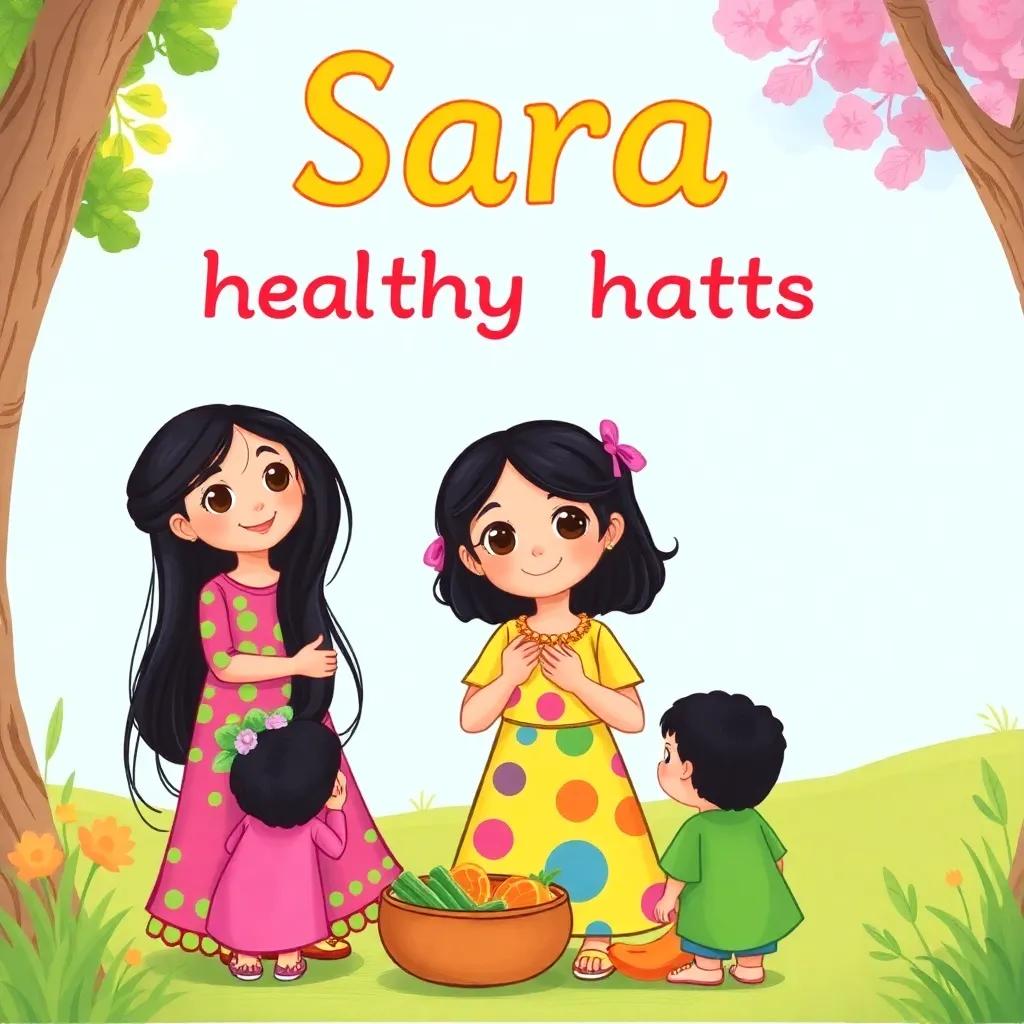 Sara, a young Arabic girl, with long black hair, wearing a colorful dress, sharing her new healthy eating habits with her friends, outdoors, playful scene, colorful, cheerful