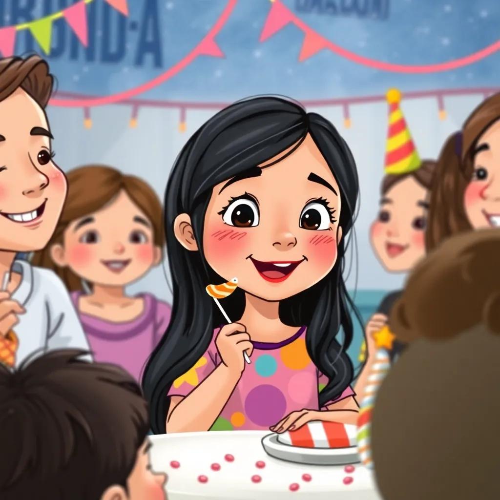 Sara, a young Arabic girl, with long black hair, wearing a colorful dress, enjoying a small piece of candy at a birthday party, surrounded by smiling friends, fun, joyful atmosphere, vibrant imagery