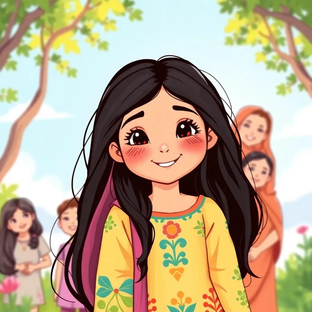 Sara, a young Arabic girl, with long black hair, wearing a colorful dress, smiling with her family, emphasizing happiness and health, bright outdoor scene, warm colors, heartwarming view