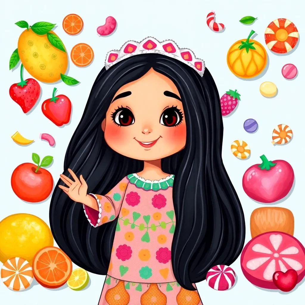 Sara, a young Arabic girl, with long black hair, wearing a colorful dress, surrounded by fruits and candies, balancing health and sweets, vibrant colors, joyful representation
