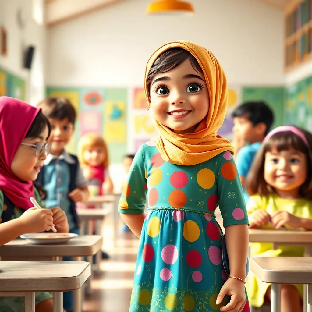 A cheerful school scene with Sarah, a young Arab girl, wearing a colorful dress, playing with her friends at lunchtime, happy atmosphere, bright colors, vibrant school environment, digital art, child-friendly, warm lighting.