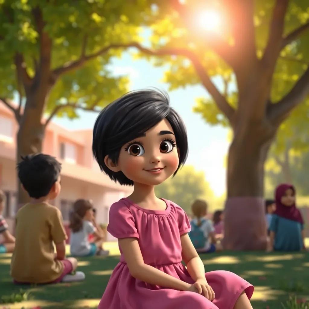 A young Arab girl, Sarah, with short, dark hair, wearing a pink dress, sitting under a tree in a school yard with friends, bright sunlight, cheerful atmosphere, digital art, colorful, inviting scenery, warm light, high quality