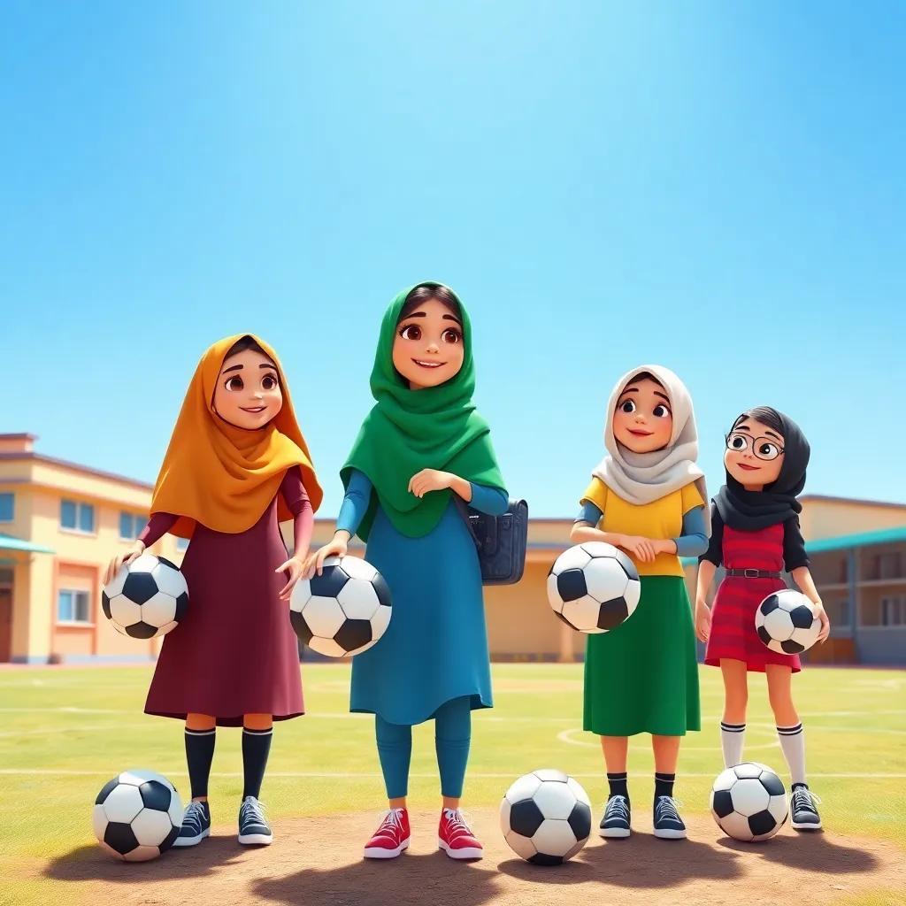 A group of young Arab girls, Sarah and her friends, standing together with soccer balls in a school yard, laughing and smiling, bright colors, friendly environment, clear blue sky, child-friendly imagery, warm and happy setting, high quality