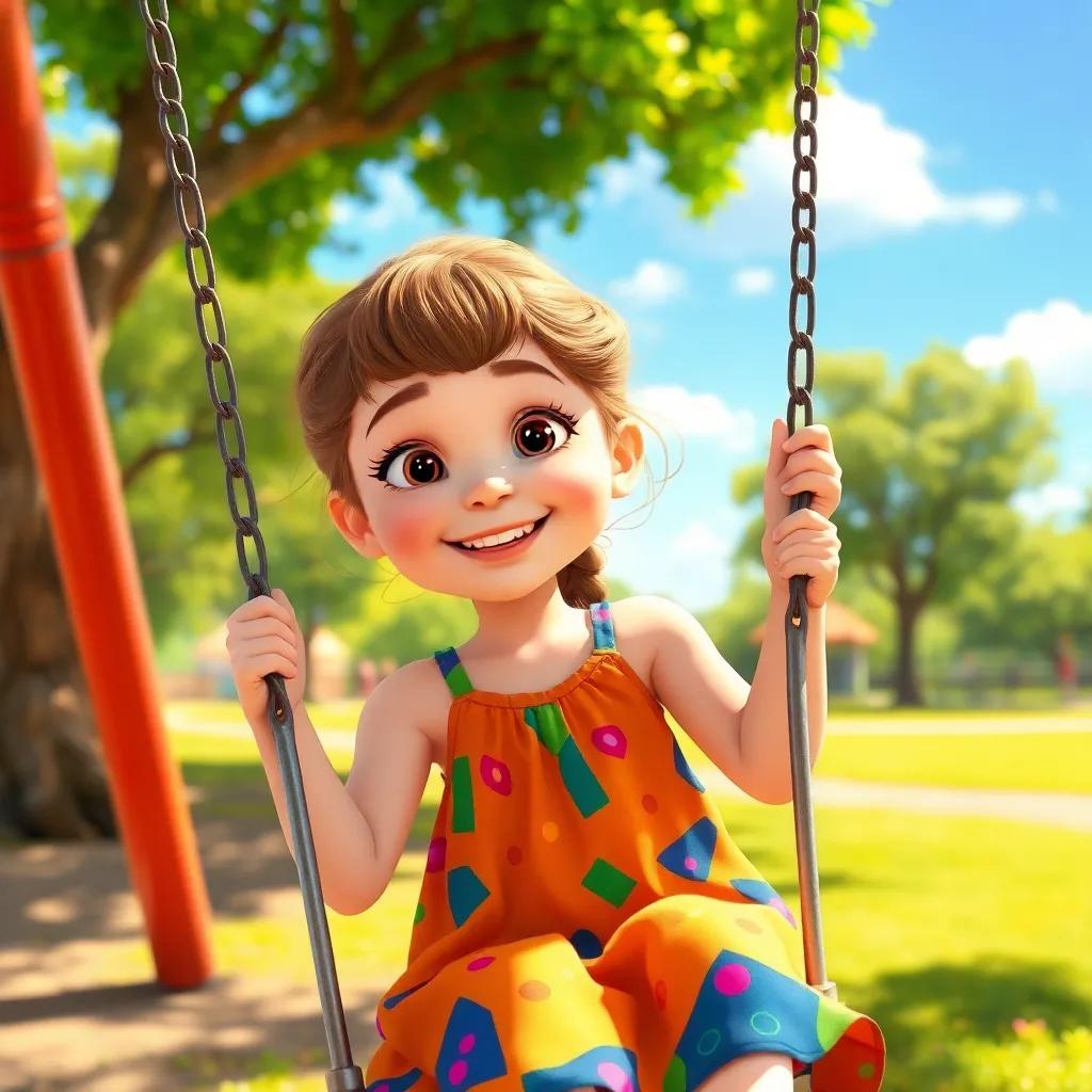 A beautiful 8-year-old girl, Sara, with light brown hair and a wheatish complexion, joyfully playing on a swing in a sunny park, wearing a colorful dress, bright colors, digital art, cheerful atmosphere, high quality